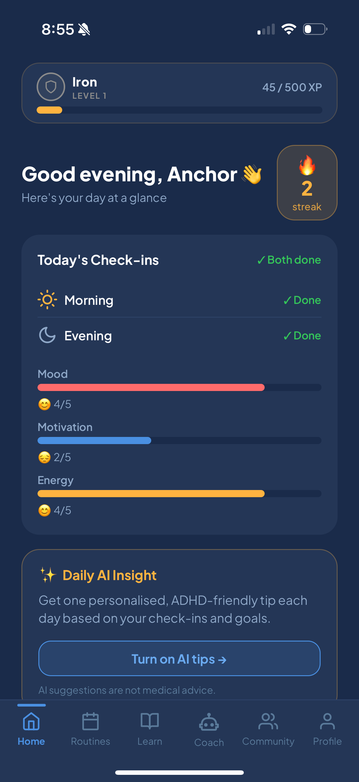 Anchor: ADHD home with daily check-ins, mood/energy/motivation, and streak