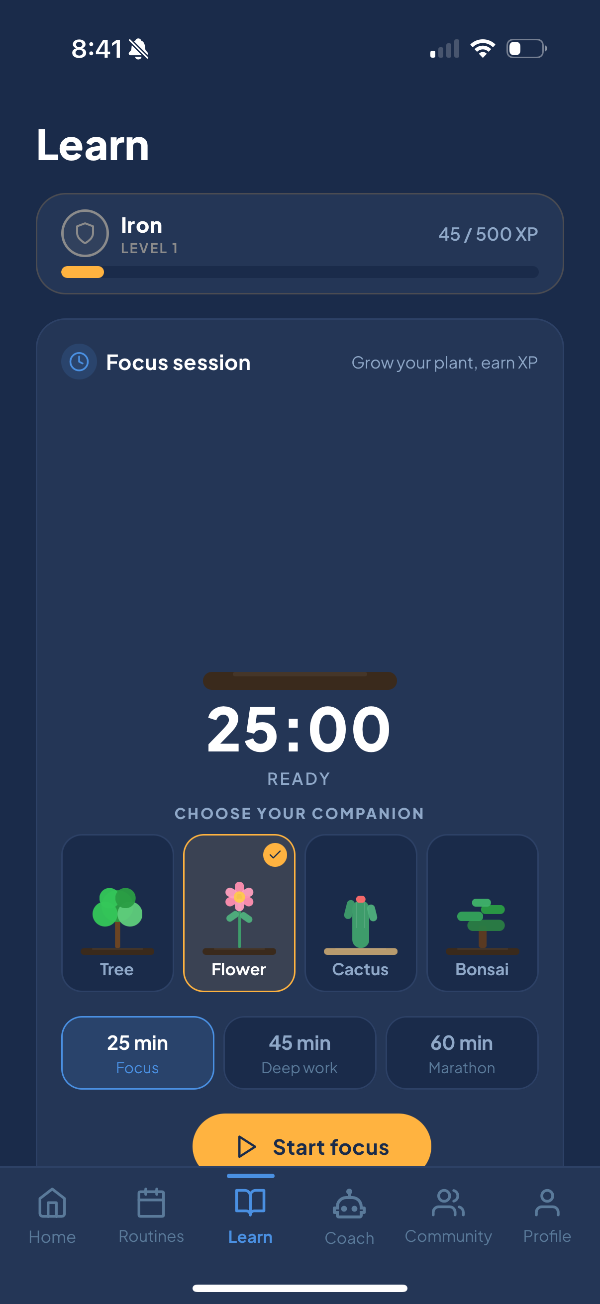 Anchor: ADHD Learn tab with focus session, plant companion, and XP