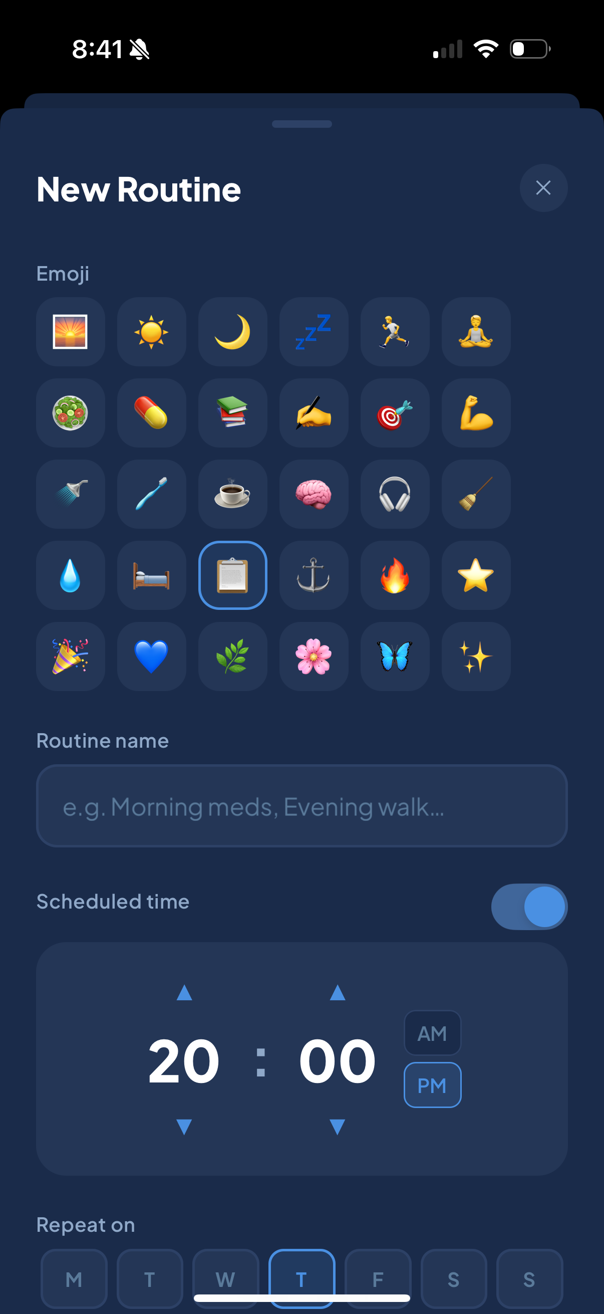 Anchor: ADHD routine builder with emoji, scheduled time, and repeat days